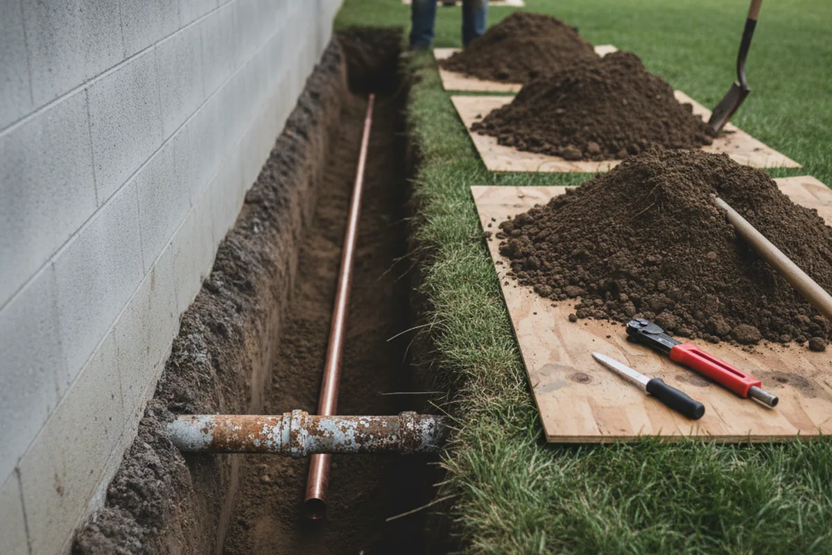 Excavated water line trench during Water Softener Installation in Morley